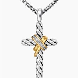David Yurman X cross Sterling silver in 14k yellow gold and diamonds necklace